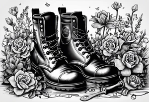 dads worn out work boots sitting with wrench, screwdriver & hammer and a beer around or near it and flowers growing out of the boots. tattoo idea