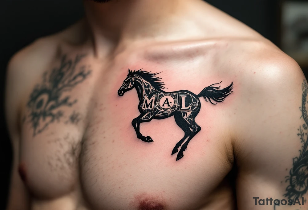 horse silhouette 
from the front which gallops from the front, with the 3 small letters discreetly integrated: M, A, L tattoo idea