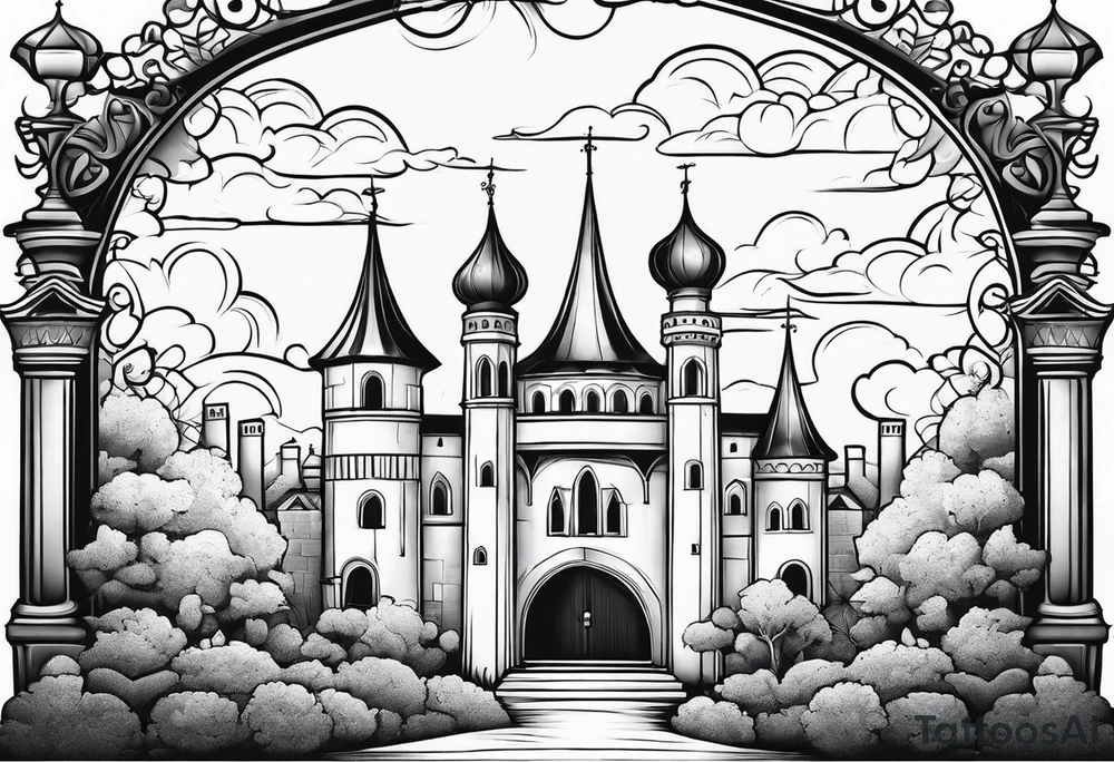 sky medieval town garden with towers small houses gate entrance 
 in rounded vignette surrounded by clouds tattoo idea