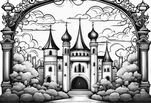 sky medieval town garden with towers small houses gate entrance 
 in rounded vignette surrounded by clouds tattoo idea