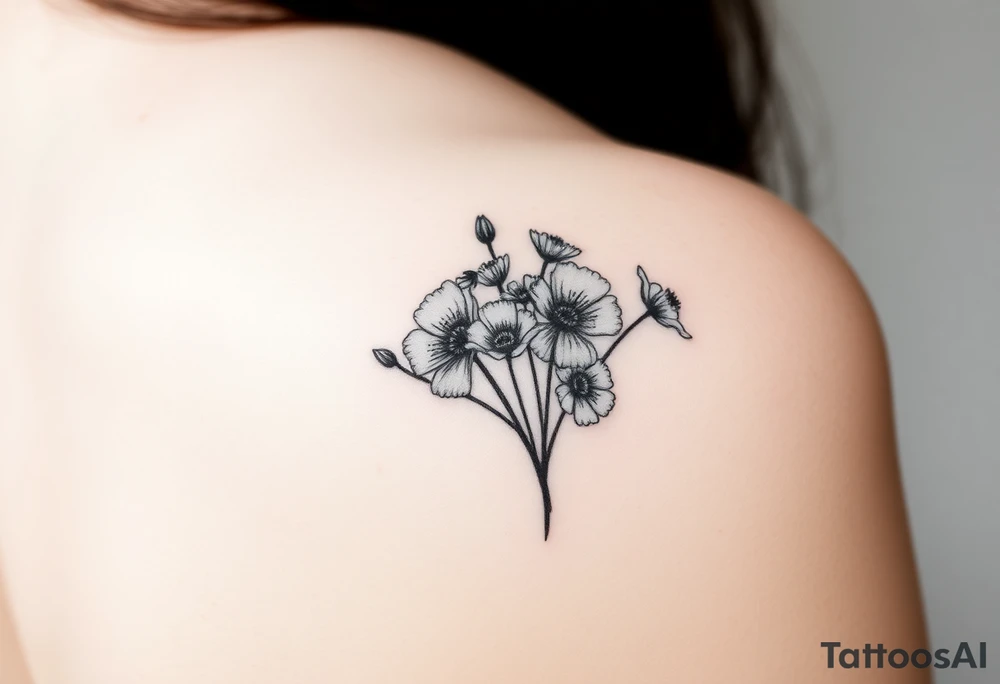 A cluster of wildflowers or poppies, with solid black shadows at the base and lighter stippling toward the petals. Some flowers can be in full bloom while others start to wilt or fall apart, symbolizing the passage of time. tattoo idea