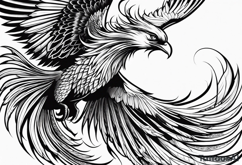 long Majestic phoenix flying tattoo idea