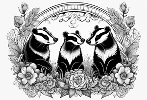 Trippy, pair of badger siblings in a field of flowers smoking a cigar tattoo idea