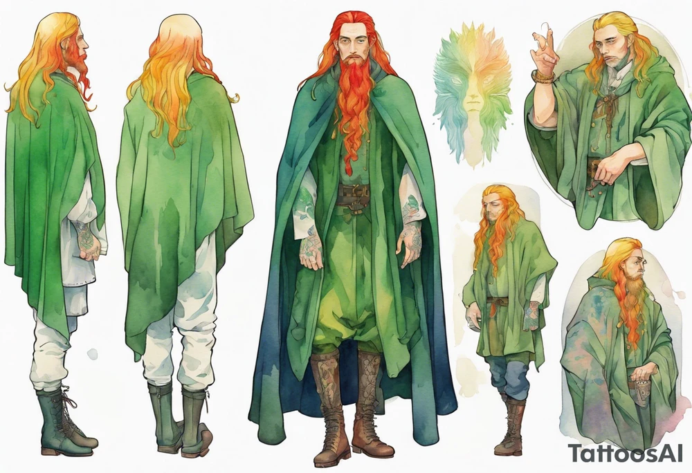A tall, beautiful Swedish man with long rainbow hair. Green tinted skin. Wearing a medieval cloak and boots. tattoo idea