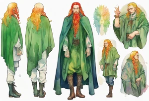 A tall, beautiful Swedish man with long rainbow hair. Green tinted skin. Wearing a medieval cloak and boots. tattoo idea