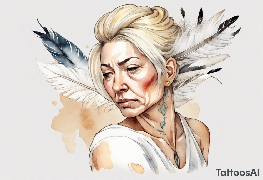 a sad middle-aged blonde woman with white feathers in her hair tattoo idea
