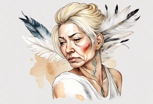 a sad middle-aged blonde woman with white feathers in her hair tattoo idea