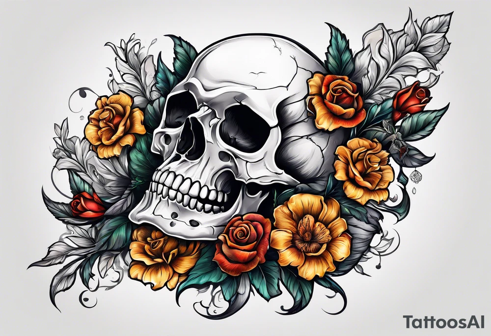 bone that fills entire arm from shoulder to fingers, pain, skulls, dead flowers tattoo idea