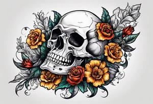bone that fills entire arm from shoulder to fingers, pain, skulls, dead flowers tattoo idea