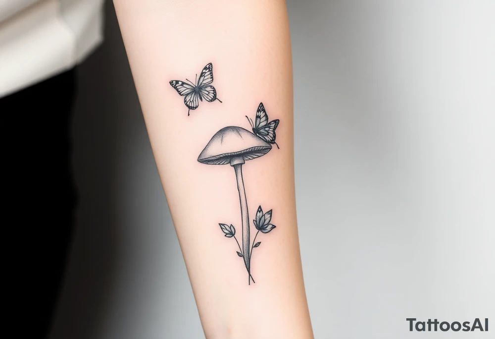 mushroom with 2 butterflies above it on your lower inner arm tattoo idea