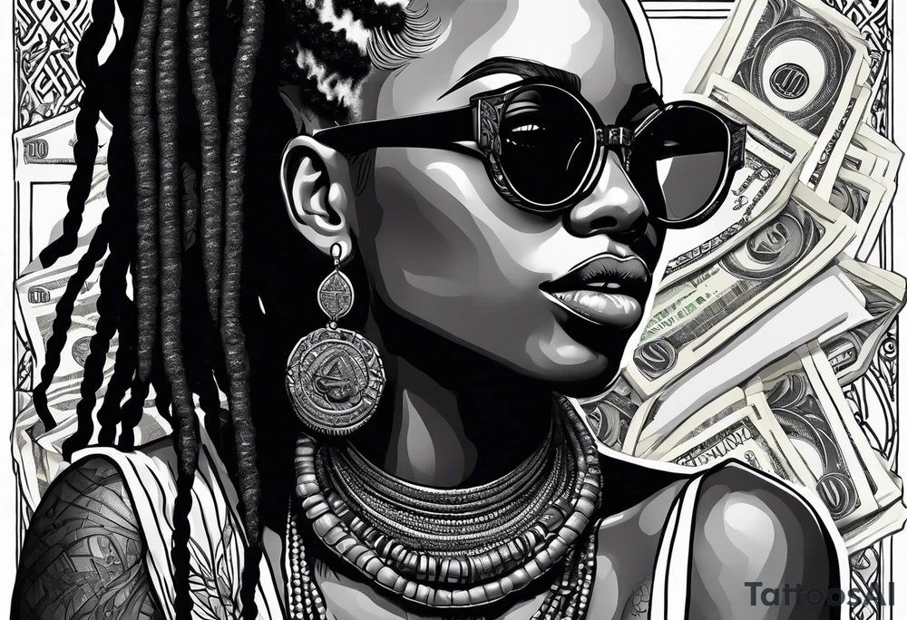 african woamn with dread locks and un glasses biting money tattoo idea