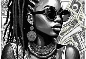 african woamn with dread locks and un glasses biting money tattoo idea