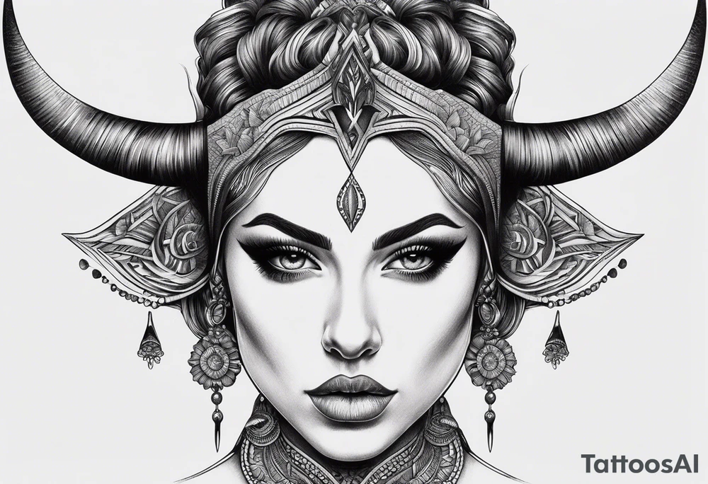 symmetrical woman head with curved horns facing downwards dark realism looking front facing view, ultra-detailed, high quality, high sharpness, hyper-realism, hyper-photorealistic, hyper-realistic tattoo idea