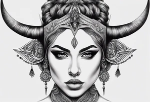 symmetrical woman head with curved horns facing downwards dark realism looking front facing view, ultra-detailed, high quality, high sharpness, hyper-realism, hyper-photorealistic, hyper-realistic tattoo idea