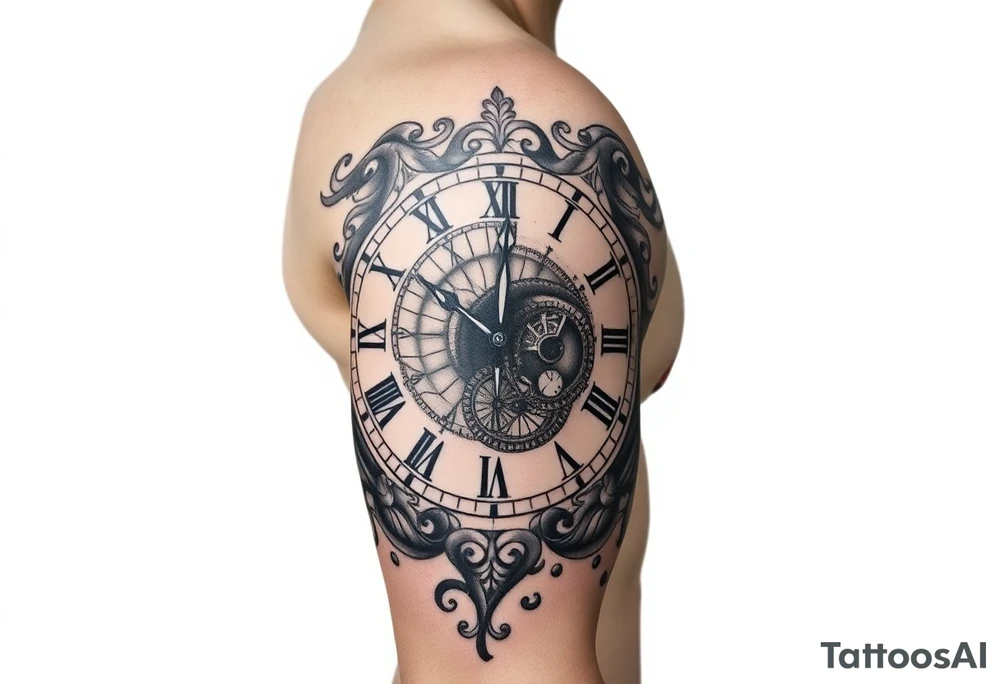 vintage roman numerals within ornate clockwork mechanism tattoo idea