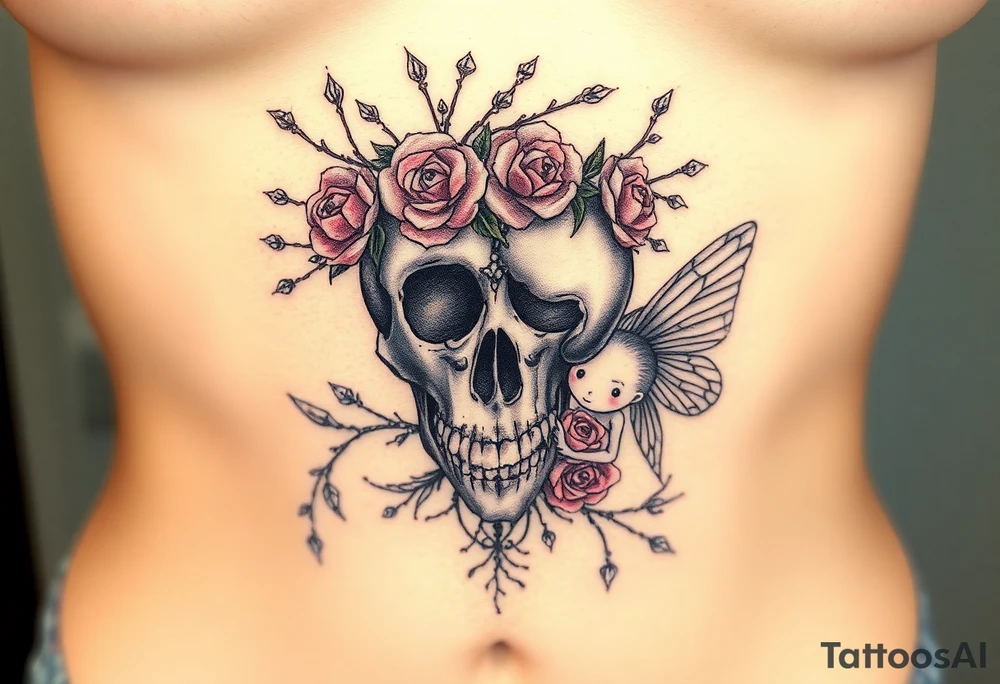 A night of the dead  skull adorned with crown of wild roses and thorns with a beautiful fairy with a young fairy following behind tattoo idea