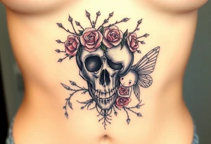 A night of the dead  skull adorned with crown of wild roses and thorns with a beautiful fairy with a young fairy following behind tattoo idea