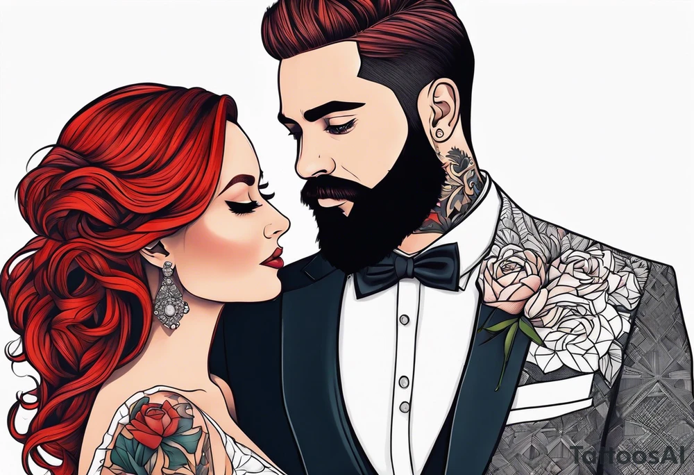 Busty red haired woman with a bearded man who has black hair getting married tattoo idea