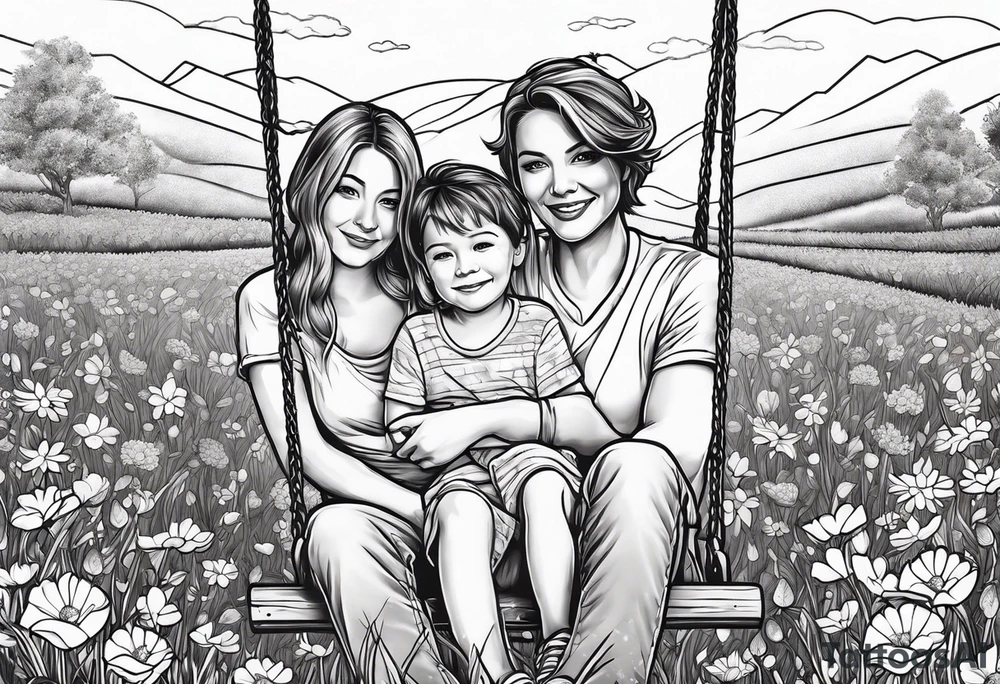 Mom with son and daughter on a swing in the distance in a field of flowers tattoo idea