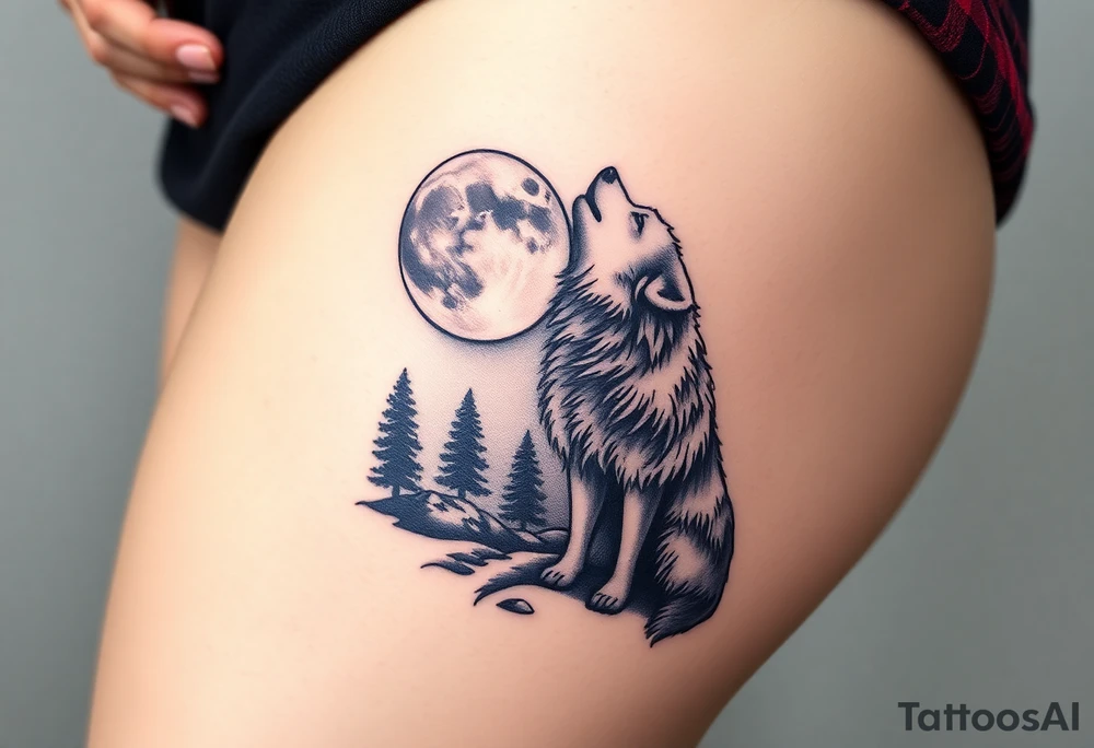 lone wolf howling at full moon with northern lights backdrop tattoo idea