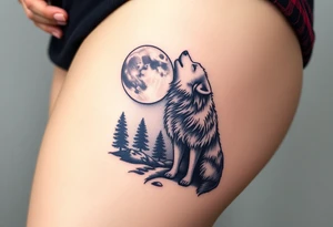lone wolf howling at full moon with northern lights backdrop tattoo idea