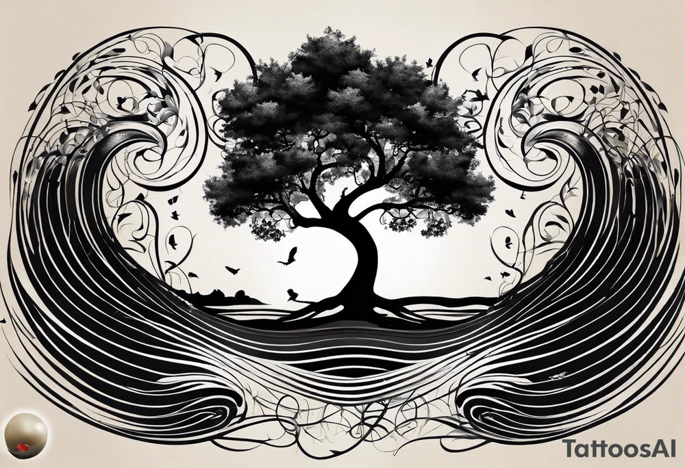 A tattoo design that incorporates the following elements: an abstract tree of life that has roots emerging  from the ground. Waves of water encapsulate the tree and wind around it in an organic way.  Incorporate music.   the letters U and A are overlapping and engraved into the tree. a golf ball incorporated but not prominent. tattoo idea