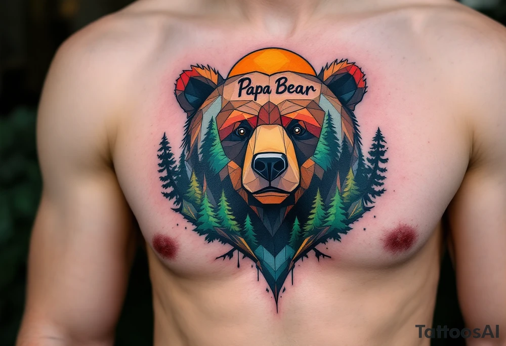 A geometric-style bear in forest colors with “Papa Bear” etched into the fur. tattoo idea