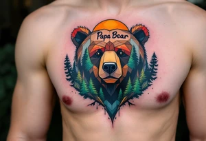 A geometric-style bear in forest colors with “Papa Bear” etched into the fur. tattoo idea