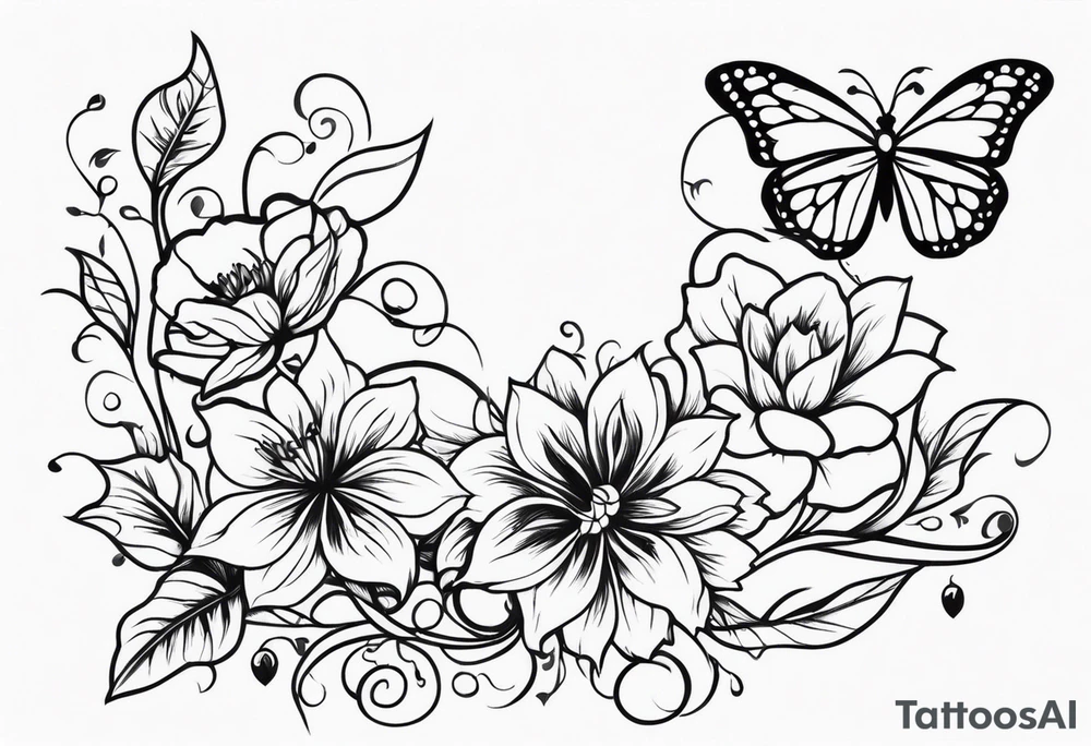 flower, vines, and butterflies with shading tattoo idea