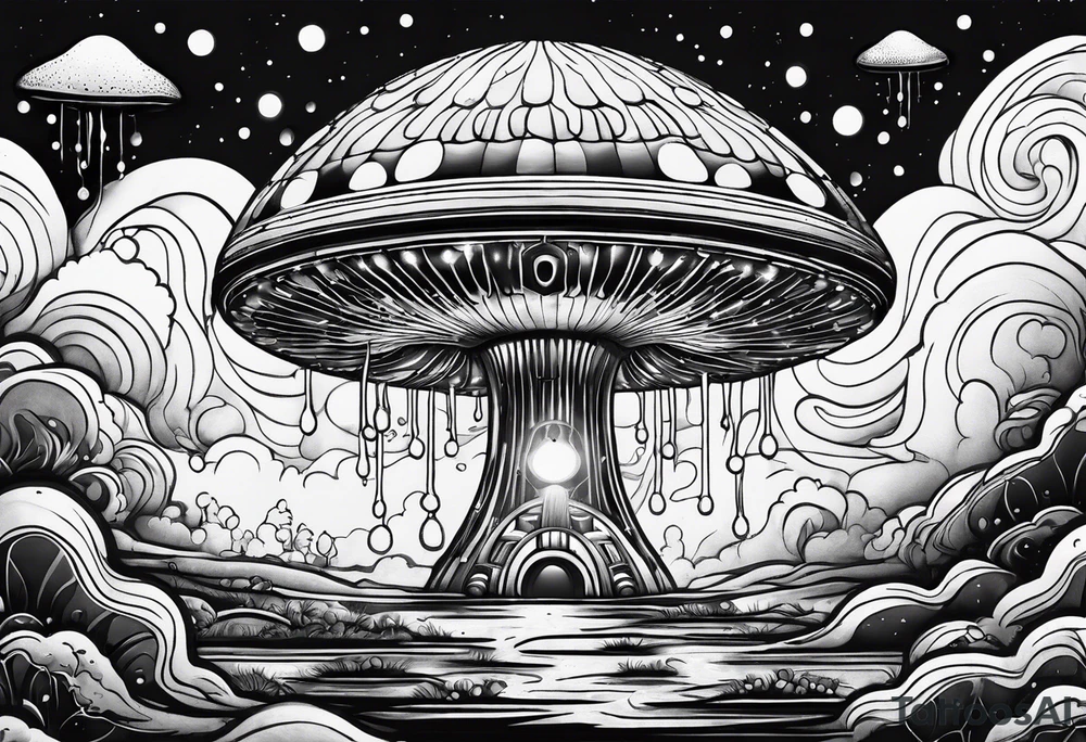 Psychedelic mushroom rocketship with fire coming out the bottom bursting out of bubble into spiritual realm tattoo idea