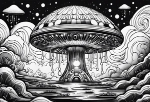 Psychedelic mushroom rocketship with fire coming out the bottom bursting out of bubble into spiritual realm tattoo idea