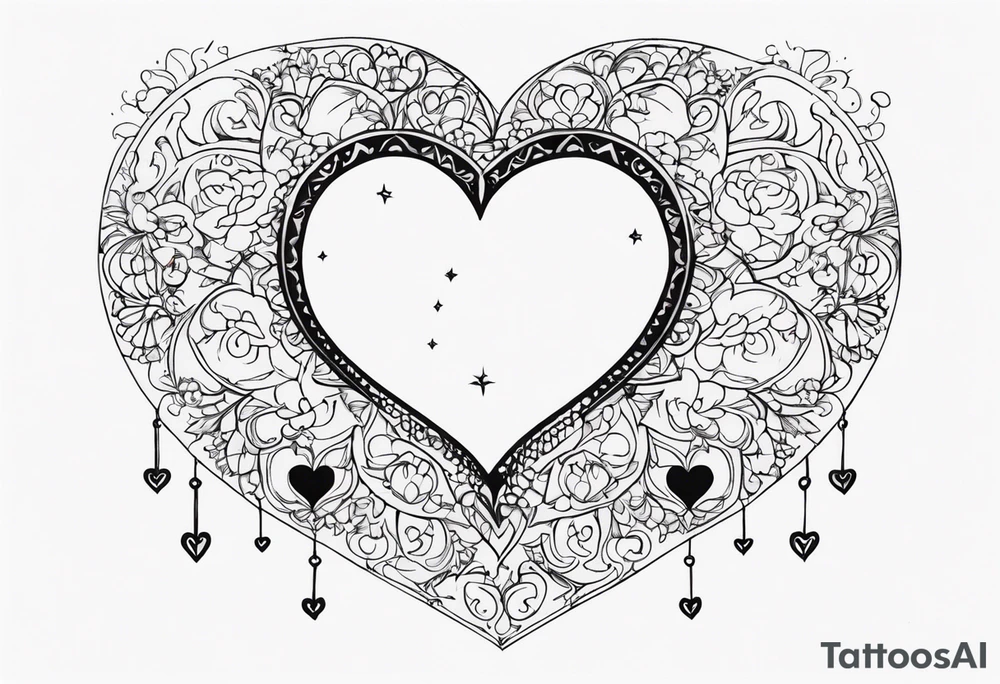 Crescent moon with a love heart inside it and 4 hearts dangling from it tattoo idea
