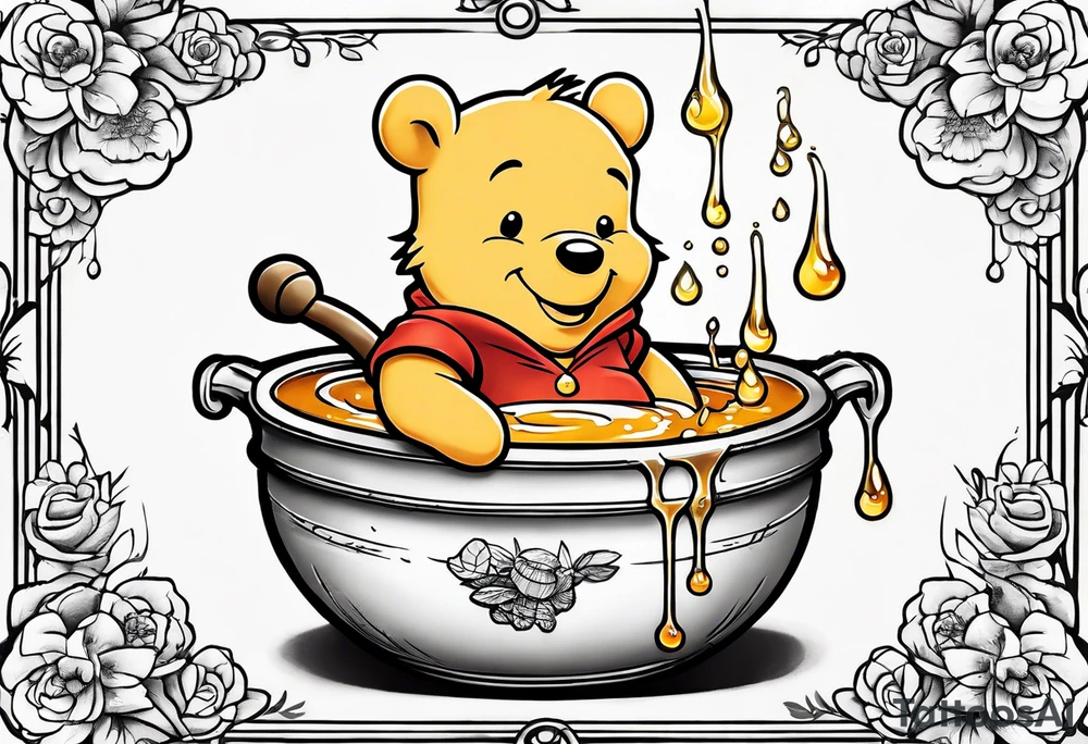 Winnie the Pooh pot of honey with drips of honey spilling over tattoo idea