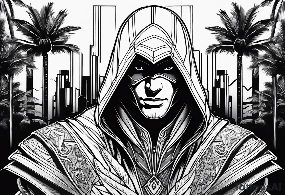 assassins creed character that is in the style of tron with palm trees tattoo idea