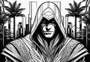 assassins creed character that is in the style of tron with palm trees tattoo idea
