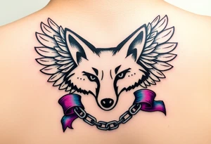 Fox company racing fox logo 
The original
Wrapped in angel wings
Add a teal and purple ribbon with a breaking chain more realistic tattoo idea