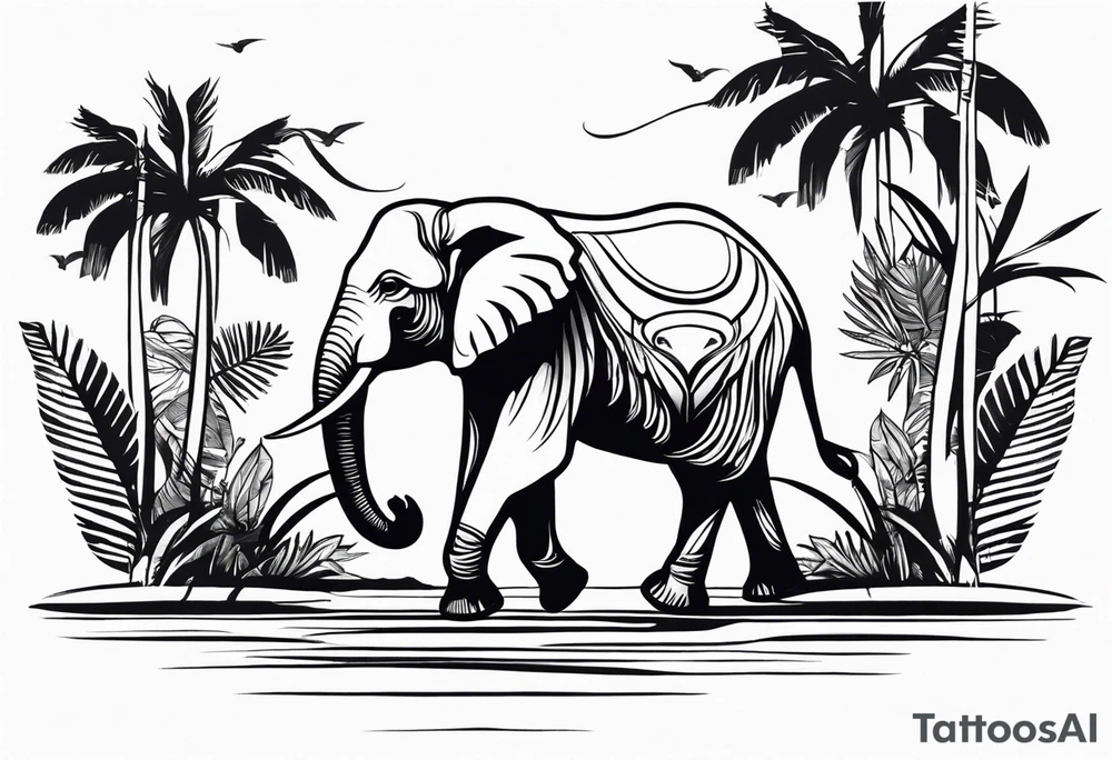 “A majestic elephant with its trunk raised, surrounded by tropical foliage, symbolizing memory and strength tattoo idea