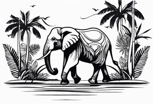 “A majestic elephant with its trunk raised, surrounded by tropical foliage, symbolizing memory and strength tattoo idea