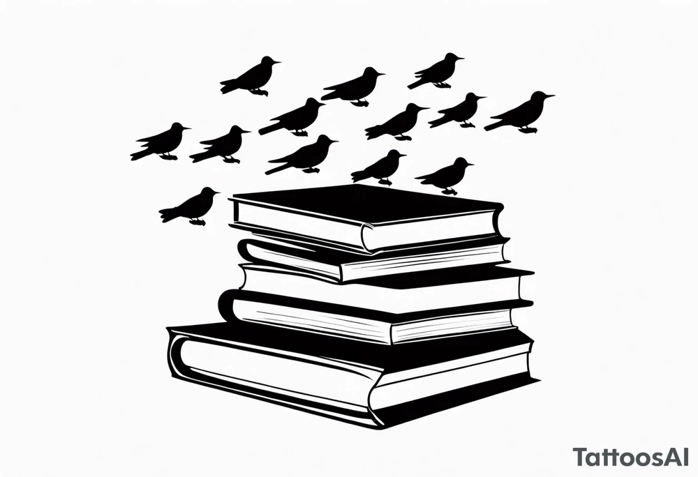 Stack of three books. Top book is open with silhouettes of birds flying out of it. tattoo idea