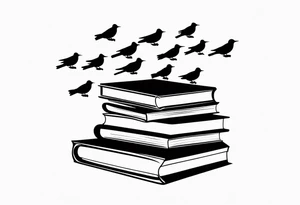 Stack of three books. Top book is open with silhouettes of birds flying out of it. tattoo idea