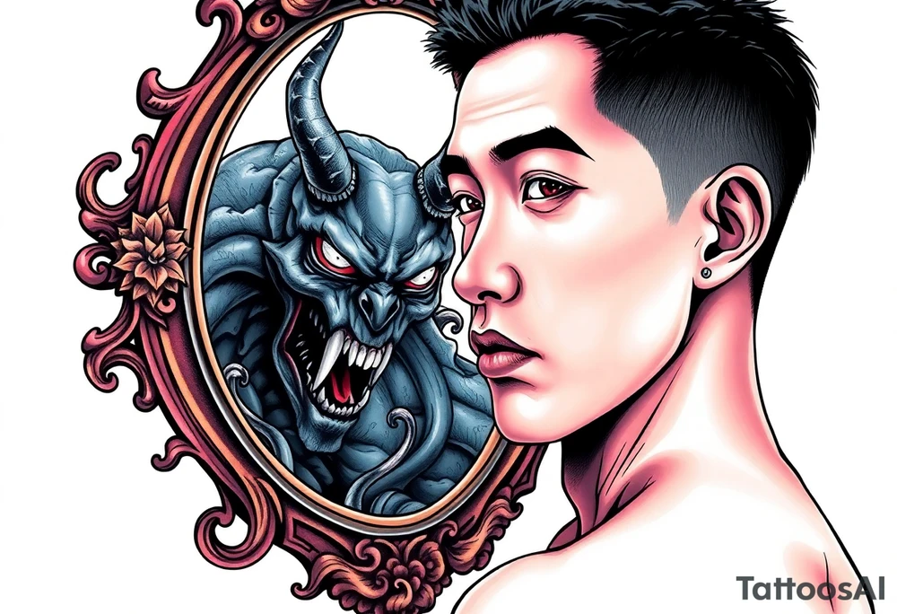 Handsome Asian young guy is looking in cursed mirror and see a demon tattoo idea