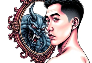 Handsome Asian young guy is looking in cursed mirror and see a demon tattoo idea