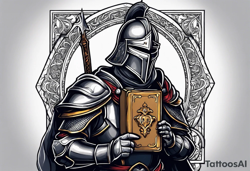 knight holding a bible over his head tattoo idea
