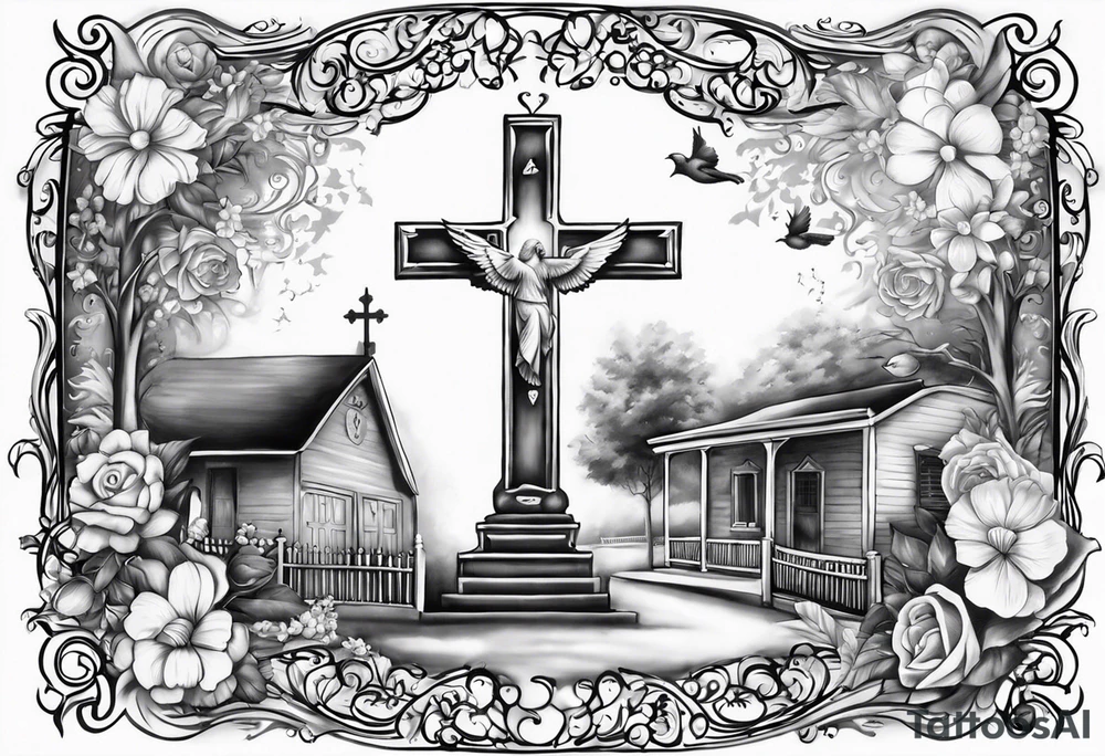 Memorializing Mawmaw
07-05-38 / 09-23-24
Grandson and grandma walking up to the gates of heaven with the gates opened shinning bright with a cross and Doves flying around 
Big Busted clock behind it with the time of her death 7:00pm tattoo idea