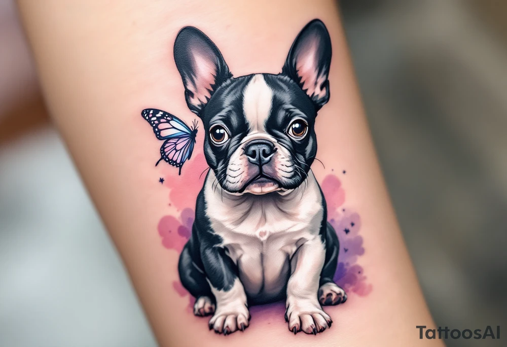 Black and white French Bulldog with butterfly wings, sitting calmly with a soft watercolor background in pastel pinks and purples. tattoo idea