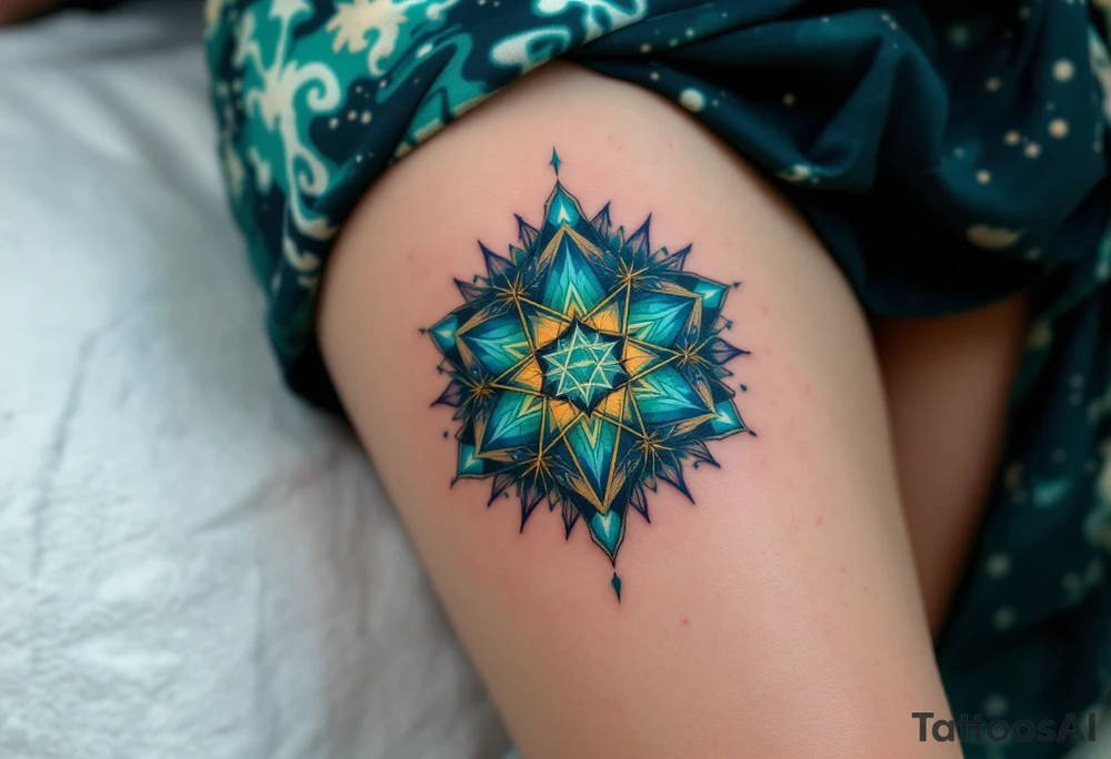 A blue-green Alatyr star rests at the center of the universe, embodying balance and divine order. tattoo idea