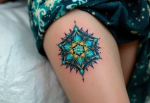 A blue-green Alatyr star rests at the center of the universe, embodying balance and divine order. tattoo idea