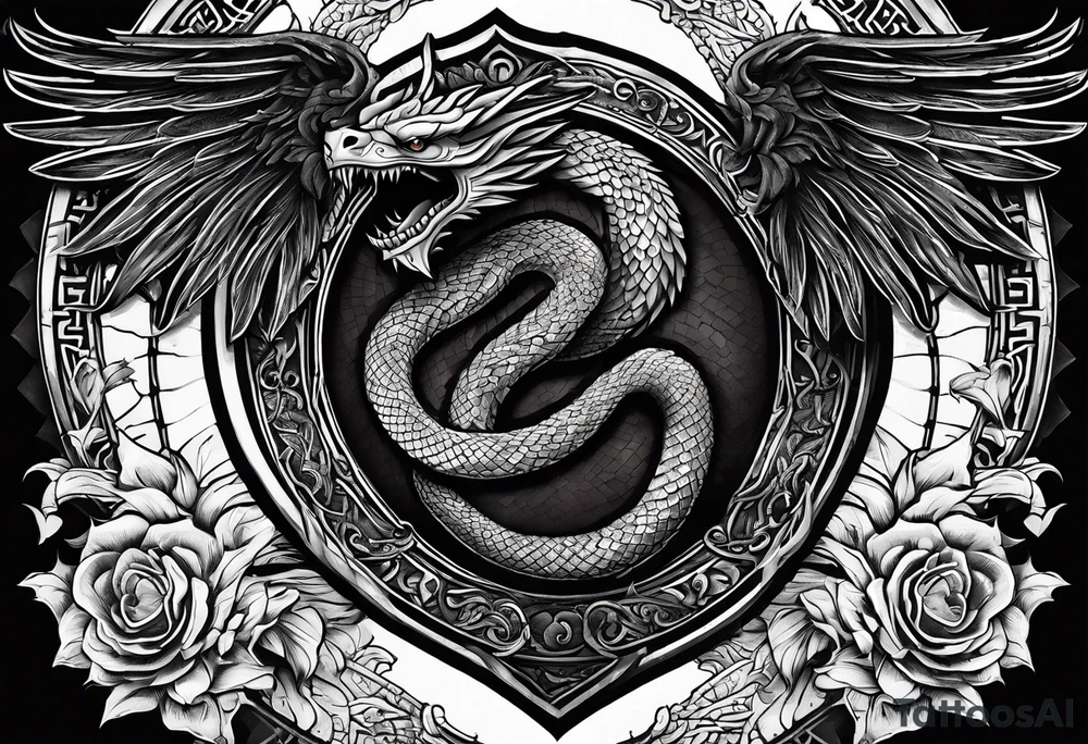 A majestic, winged serpent coiled around a shield and sword, with the verse inscription woven into the design. tattoo idea