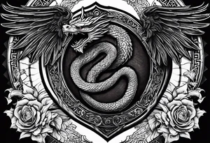 A majestic, winged serpent coiled around a shield and sword, with the verse inscription woven into the design. tattoo idea
