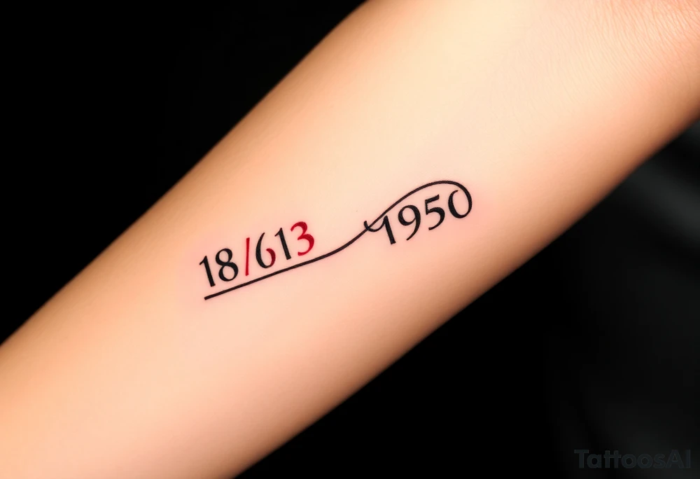 “Quero uma tatuagem no antebraço, simples e pequena. Deve ter a data de nascimento do meu avô 08/03/1950 escrita em vermelho, seguida de um traço reto e, à frente, o símbolo de infinito em preto com detalhes em branco. O design deve ser minimalista, com letras elegantes e proporcionais, mantendo um aspeto discreto.” tattoo idea